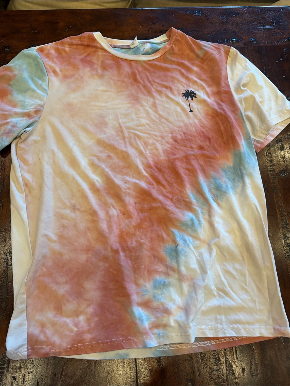 Tie-Dye Palm Graphic Crewneck T-Shirt - White, Coral & Light Blue